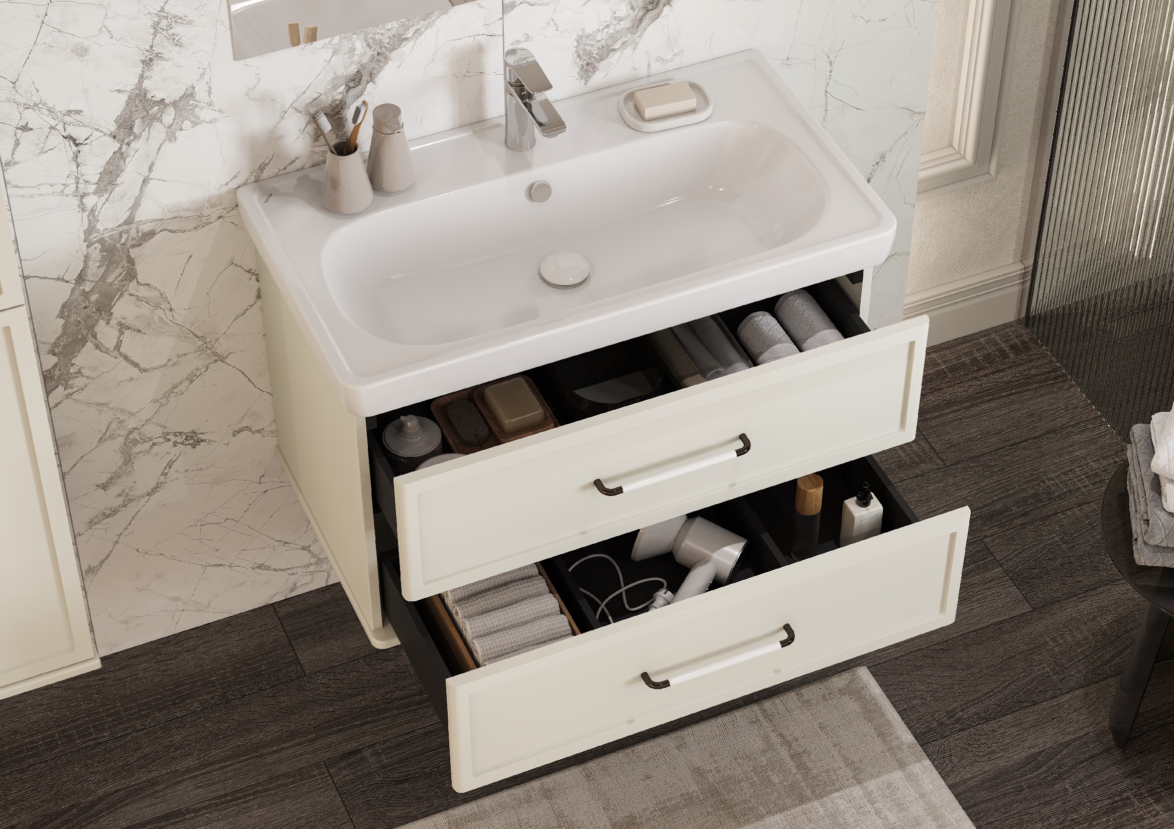 Тумба под раковину AQUATON Нео-Классика 65 2 ящика, белый камень 1A290101NCTG0