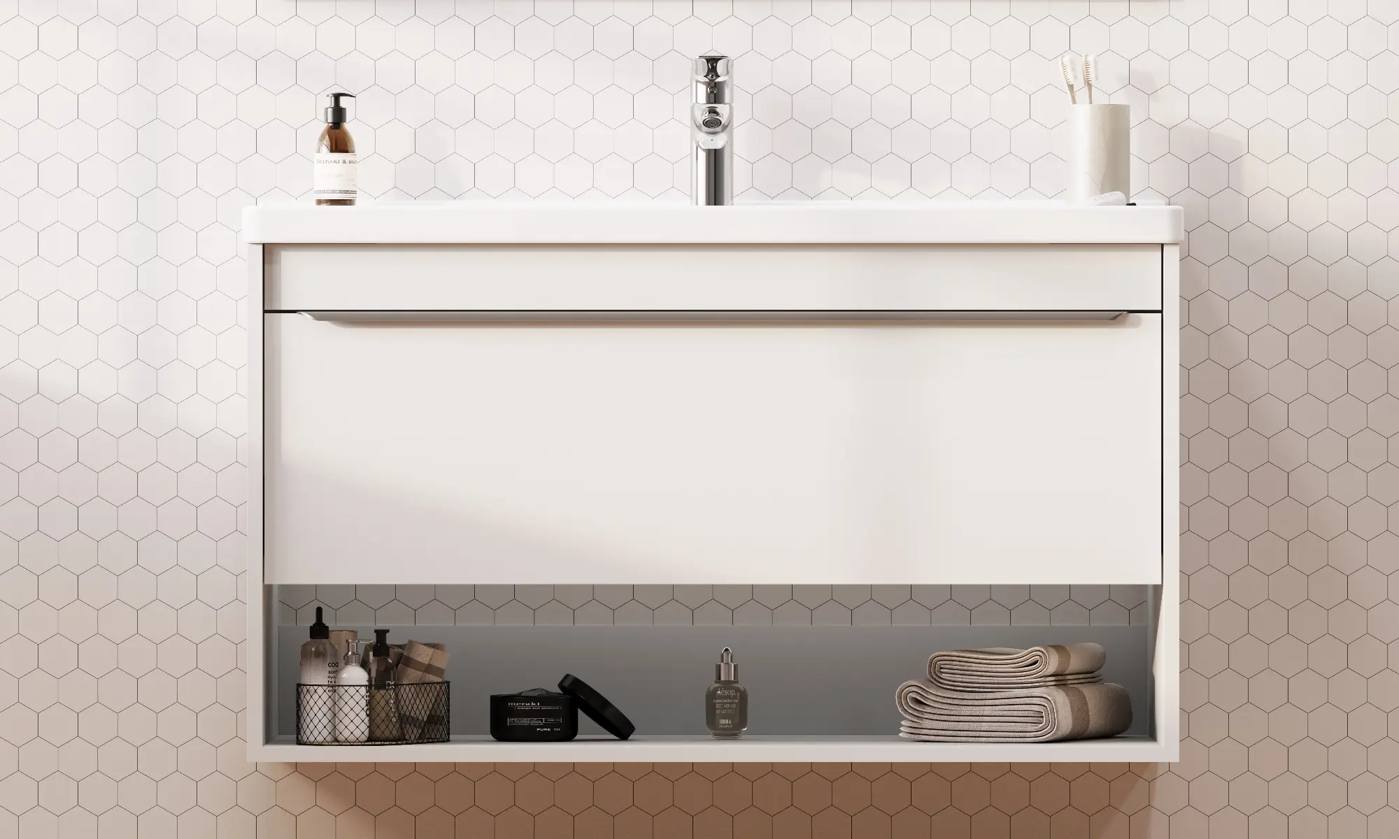 Тумба под раковину AQUATON Хоуп 100, 1 ящик, белый матовый, 1A287401HP2B0